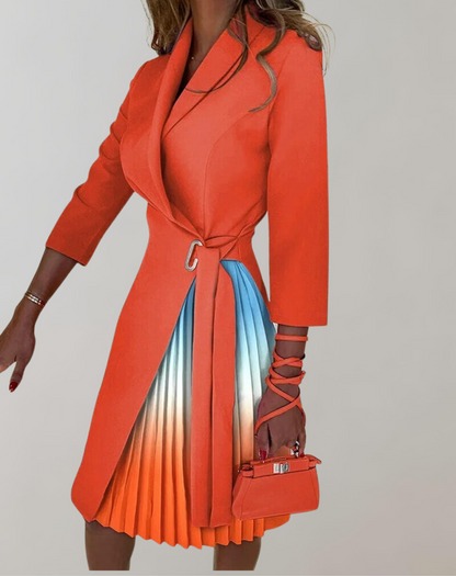 Robe midi femme – Coupe ajustée – Jupe plissée – Col fendu – Taille ceinturée