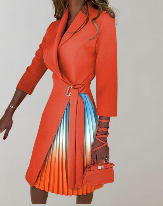 Robe midi femme – Coupe ajustée – Jupe plissée – Col fendu – Taille ceinturée
