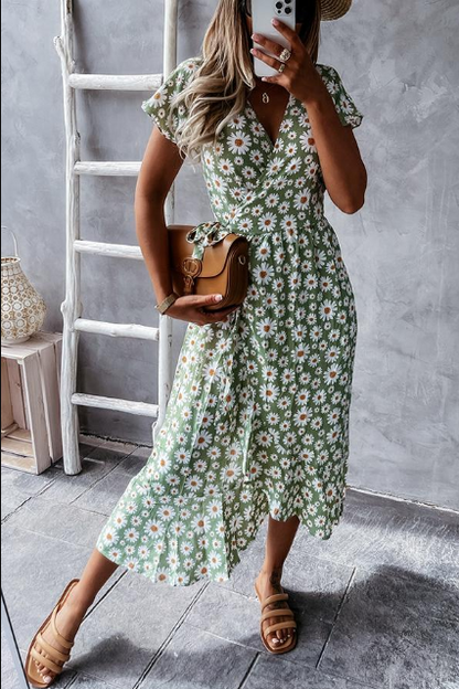 Robe femme midi – Coupe décontractée – Manches courtes – Imprimé floral fluide