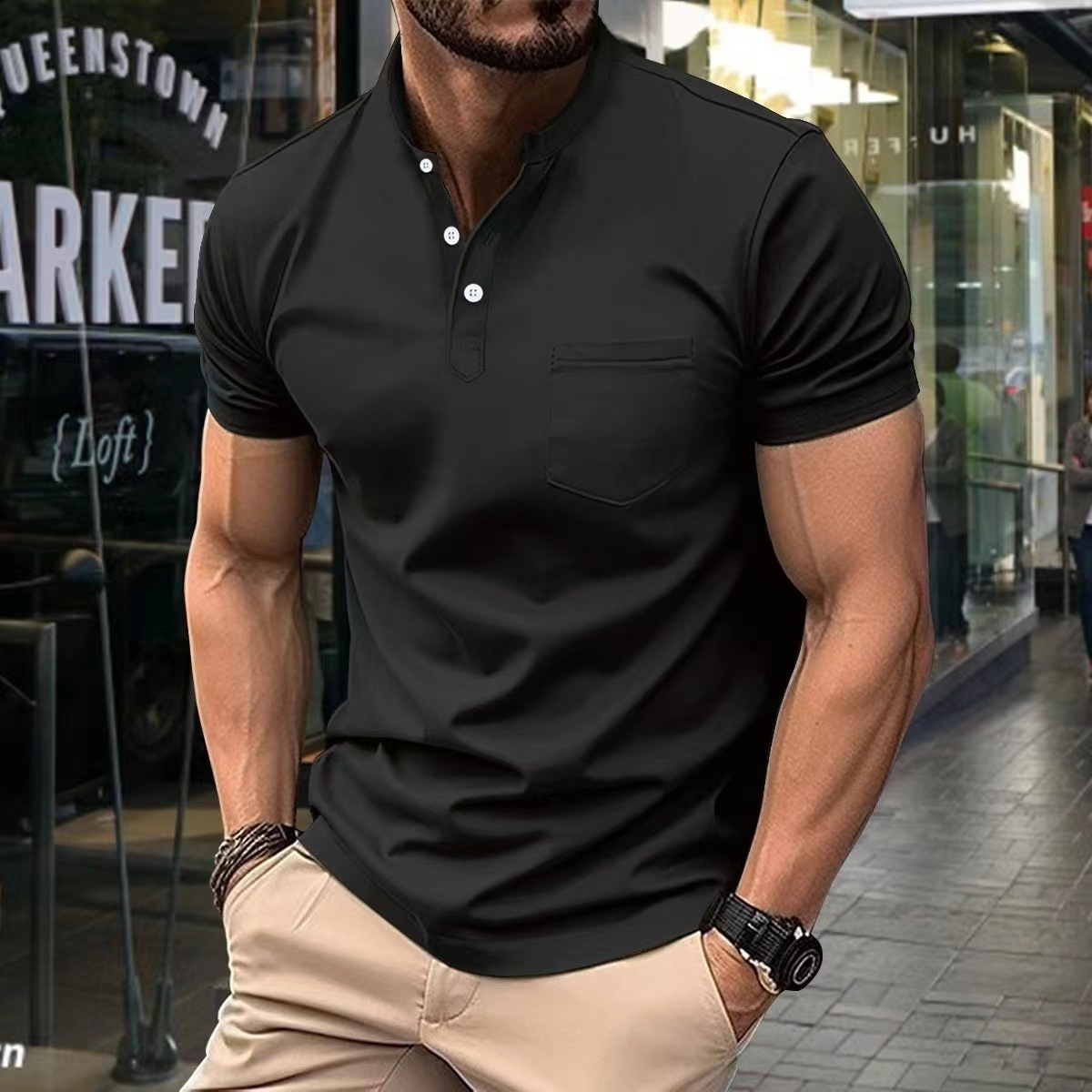 Polo homme – Coupe slim – Maille douce – Col montant – Manches courtes – Poche poitrine