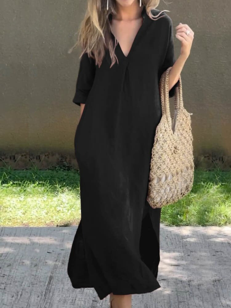 Robe longue femme – Coupe décontractée – Tissu respirant – Manches 3/4 – Col en V