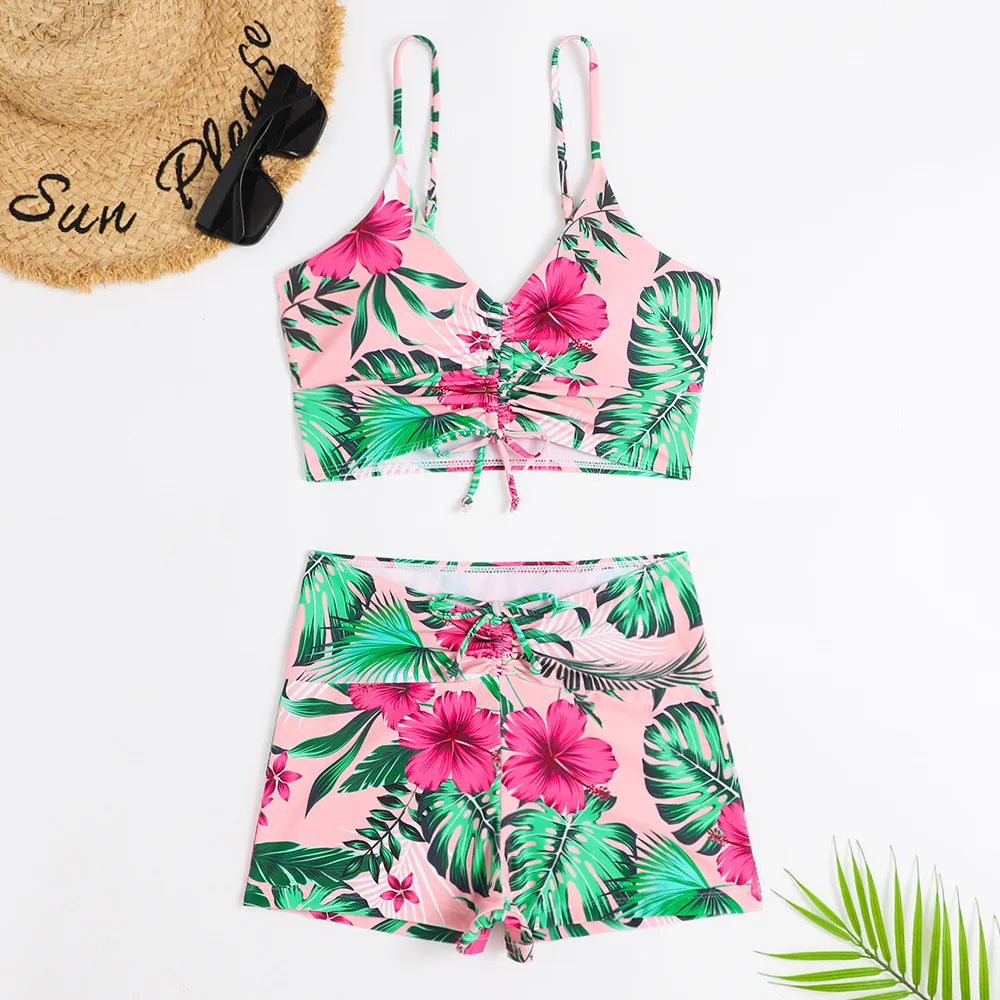 Bikini femme – Haut bralette froncé – Taille haute – Tissu extensible respirant