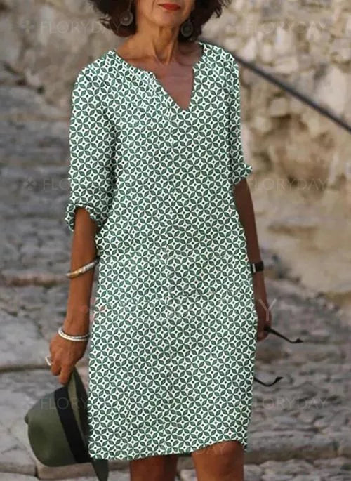 Robe Femme – Coupe Ample – Tissu Respirant – Décolleté V – Manches 3/4 – Imprimé Géométrique