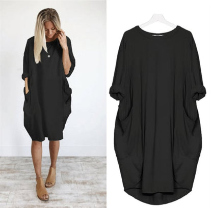 Robe midi femme – Coupe ample – Tissu respirant – Manches retroussées – Poches