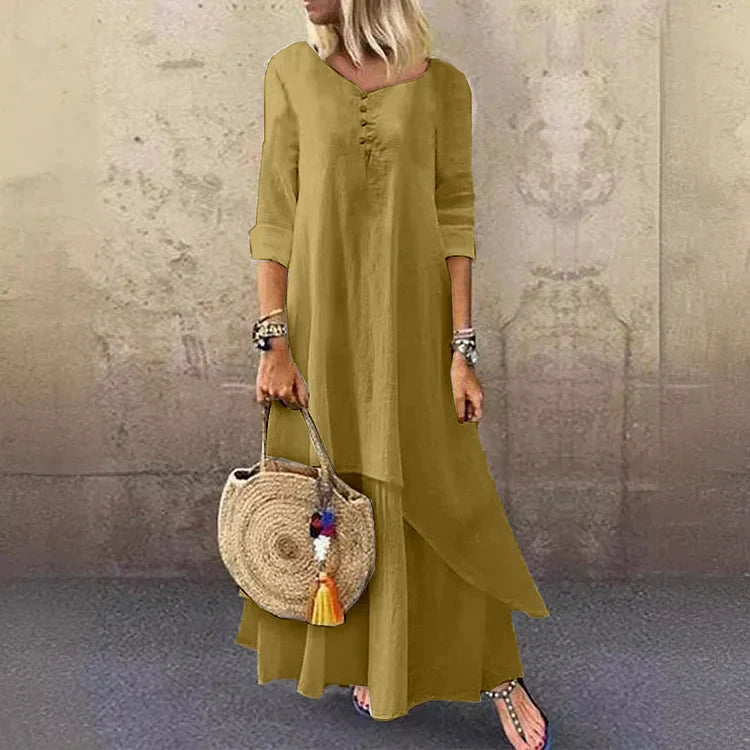 Robe midi femme – Coupe ample – Fibres naturelles – Manches 3/4 – Style superposé