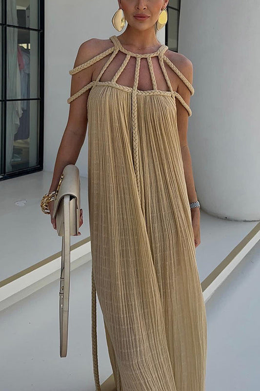 Robe Longue Femme – Coupe Ample – Col Halter – Détail Tressé – Fibres Naturelles