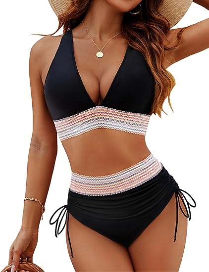 Bikini femme – Taille haute gainante – Haut triangle ajustable – Liens réglables
