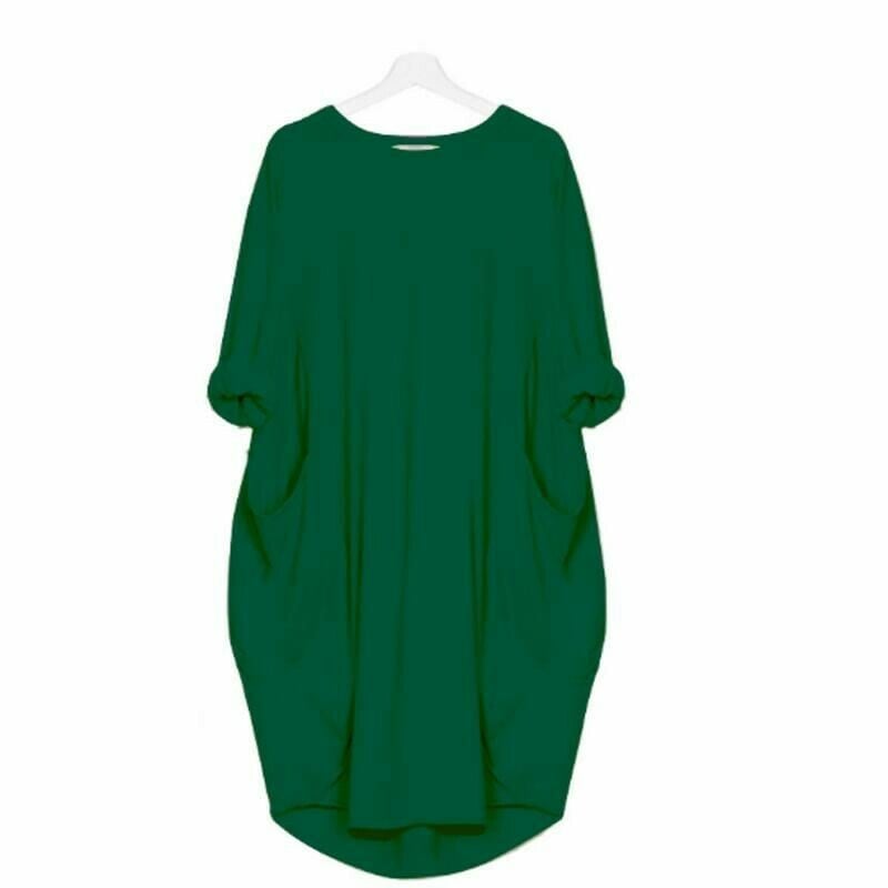 Robe midi femme – Coupe ample – Tissu respirant – Manches retroussées – Poches