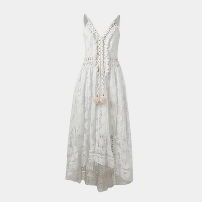 Robe midi femme – Coupe fluide – Détails en dentelle – Bretelles fines – Style bohème