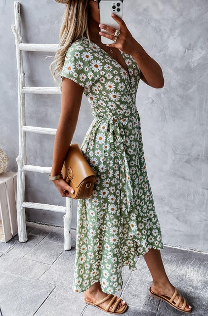 Robe femme midi – Coupe décontractée – Manches courtes – Imprimé floral fluide