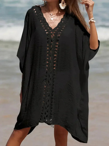 Kimono femme – Coupe décontractée – Fibres naturelles – Manches courtes – Dentelle
