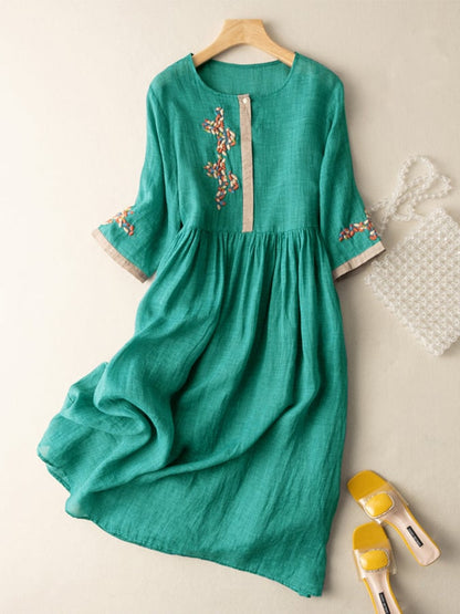 Robe femme midi – Coupe ample – Tissu naturel – Manches 3/4 – Détails brodés