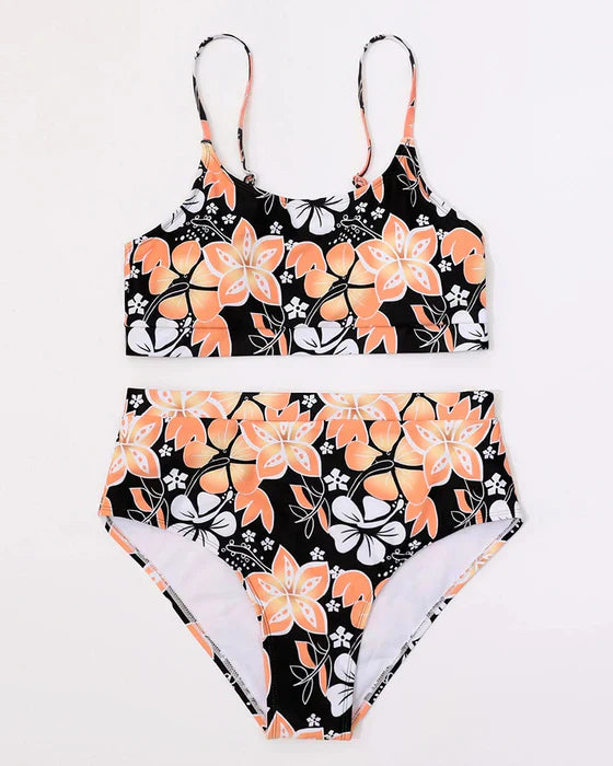 Bikini femme – Taille haute – Haut style débardeur – Imprimé floral – Tissu respirant
