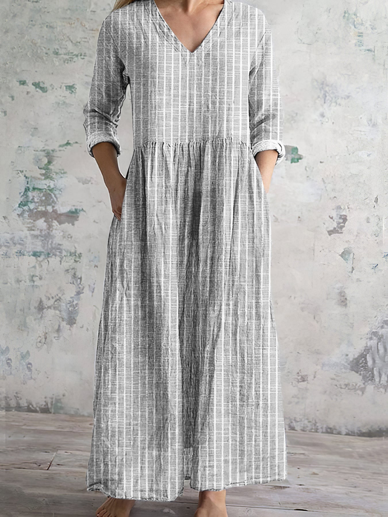 Robe longue femme – Fibres naturelles – Coupe décontractée – Manches longues – Rayures