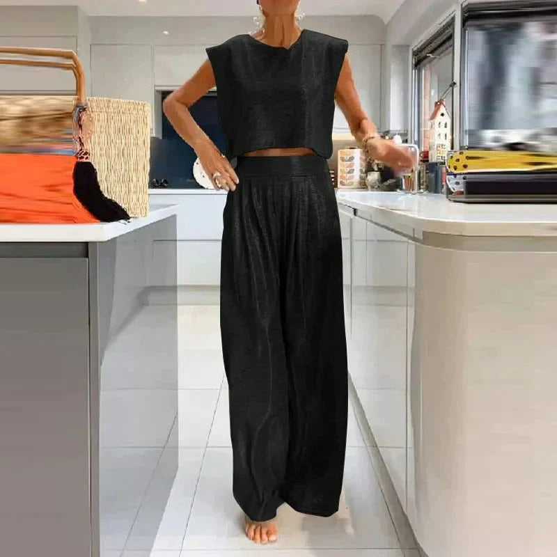 Ensemble femme deux pièces – Top court sans manches – Pantalon large taille haute – Tissu satiné