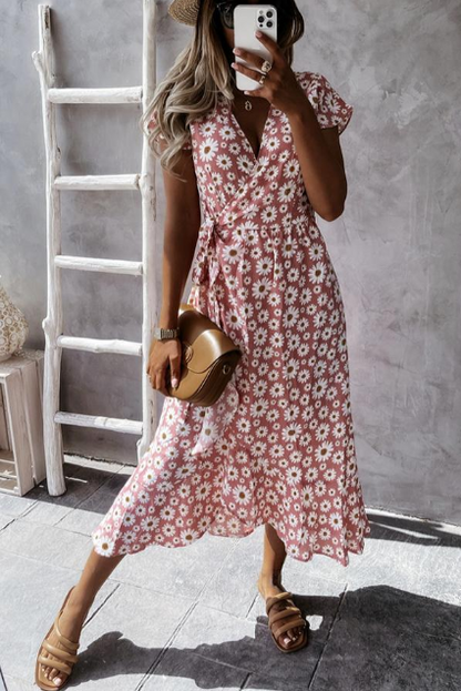 Robe femme midi – Coupe décontractée – Manches courtes – Imprimé floral fluide