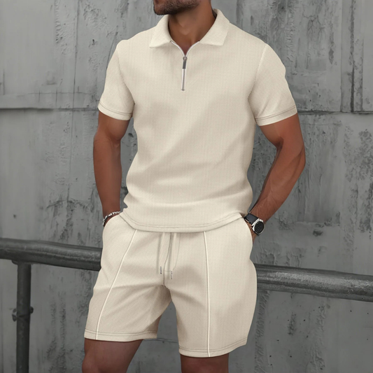 Ensemble coordonné homme – Polo slim avec zip – Maille douce – Short mi-cuisse