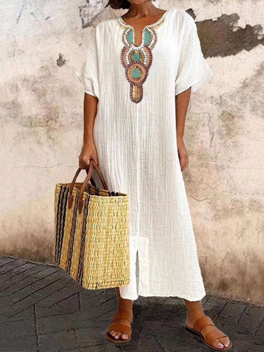 Robe caftan femme – Coupe décontractée – Tissu respirant – Col brodé élégant