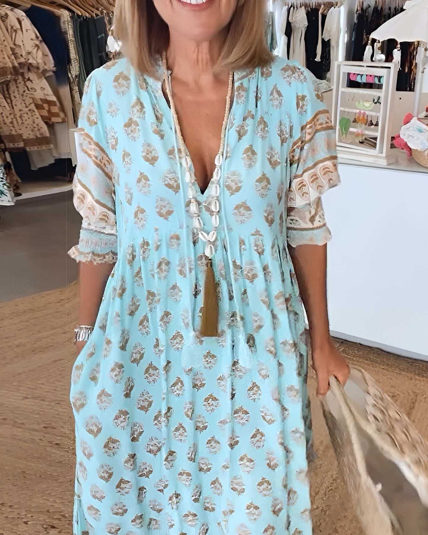 Robe longue femme – Fibres naturelles – Coupe fluide – Motif fleuri bohème – Col V