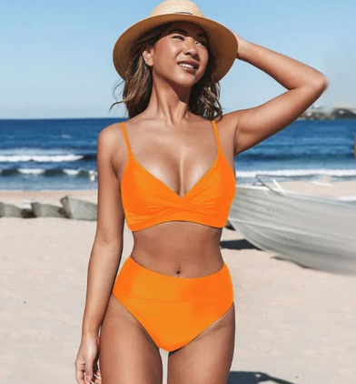 Maillot de bain femme deux pièces – Haut col V – Bretelles fines – Taille haute gainante