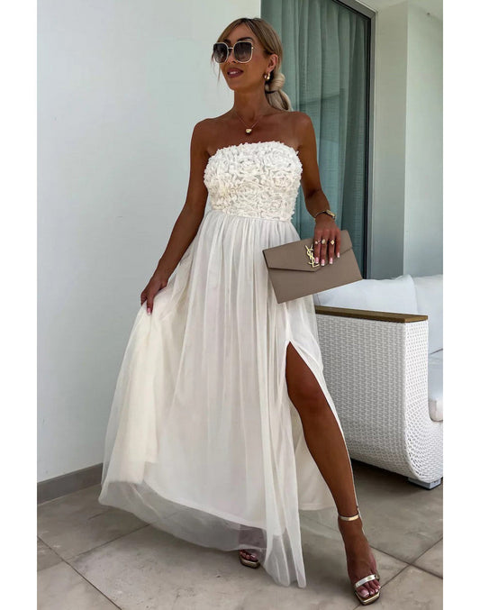 Robe longue femme – Sans bretelles – Tissu texturé – Fente haute – Coupe fluide élégante