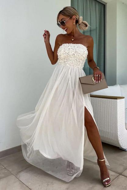Robe longue femme – Sans bretelles – Tissu texturé – Fente haute – Coupe fluide élégante