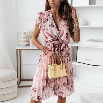 Robe femme coupe évasée – Tissu fluide respirant – Manches volantées – Col en V