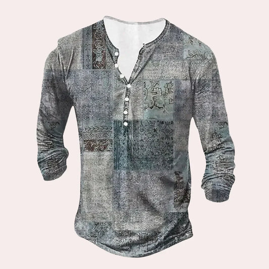 Chemise homme – Coupe décontractée – Manches longues – Col Henley – Maille douce – Motif patchwork