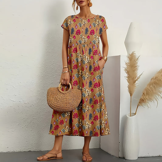 Robe midi femme – Coupe ample – Lin et coton – Manches courtes – Imprimé fleuri