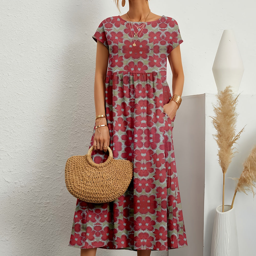 Robe midi femme – Coupe ample – Lin et coton – Manches courtes – Imprimé fleuri