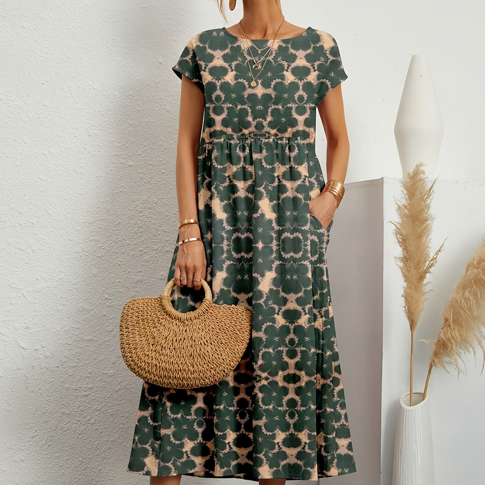 Robe midi femme – Coupe ample – Lin et coton – Manches courtes – Imprimé fleuri