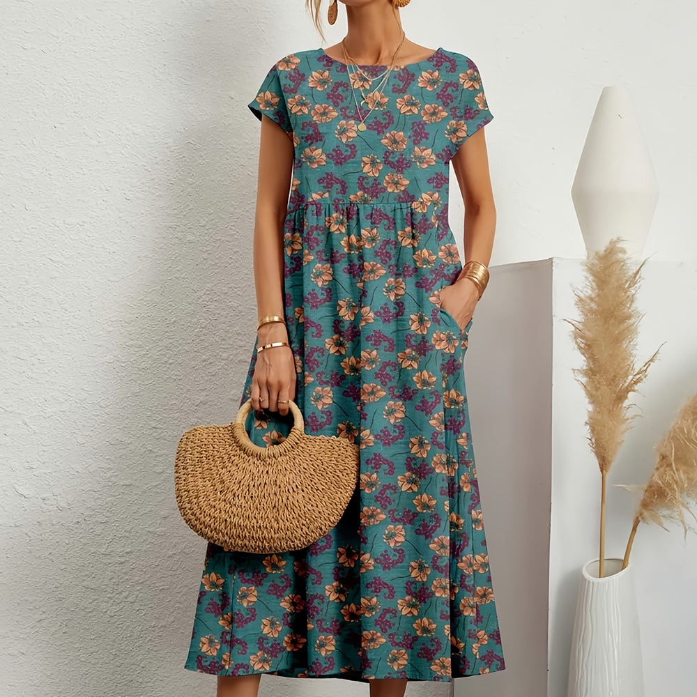 Robe midi femme – Coupe ample – Lin et coton – Manches courtes – Imprimé fleuri