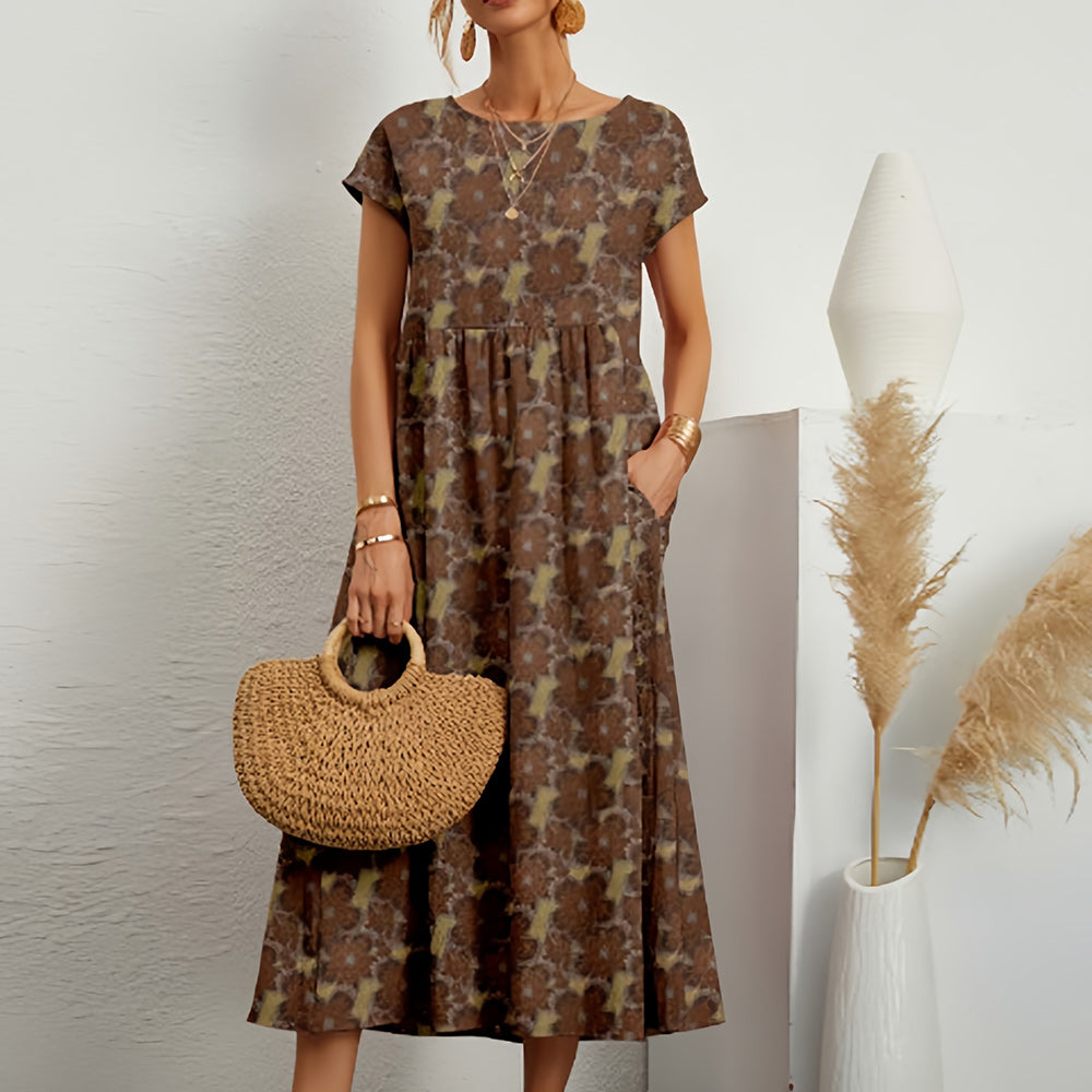 Robe midi femme – Coupe ample – Lin et coton – Manches courtes – Imprimé fleuri