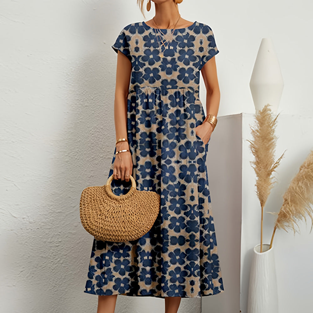 Robe midi femme – Coupe ample – Lin et coton – Manches courtes – Imprimé fleuri