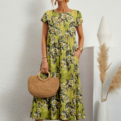 Robe midi femme – Coupe ample – Lin et coton – Manches courtes – Imprimé fleuri