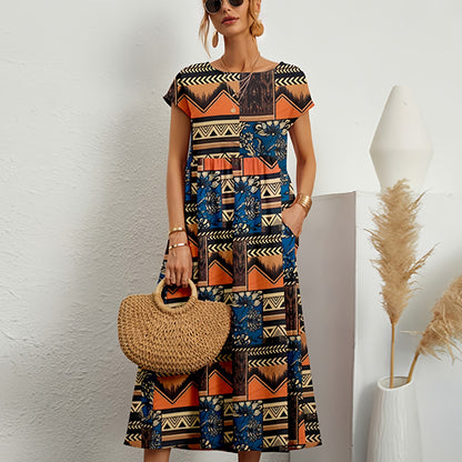 Robe midi femme – Coupe ample – Lin et coton – Manches courtes – Imprimé fleuri