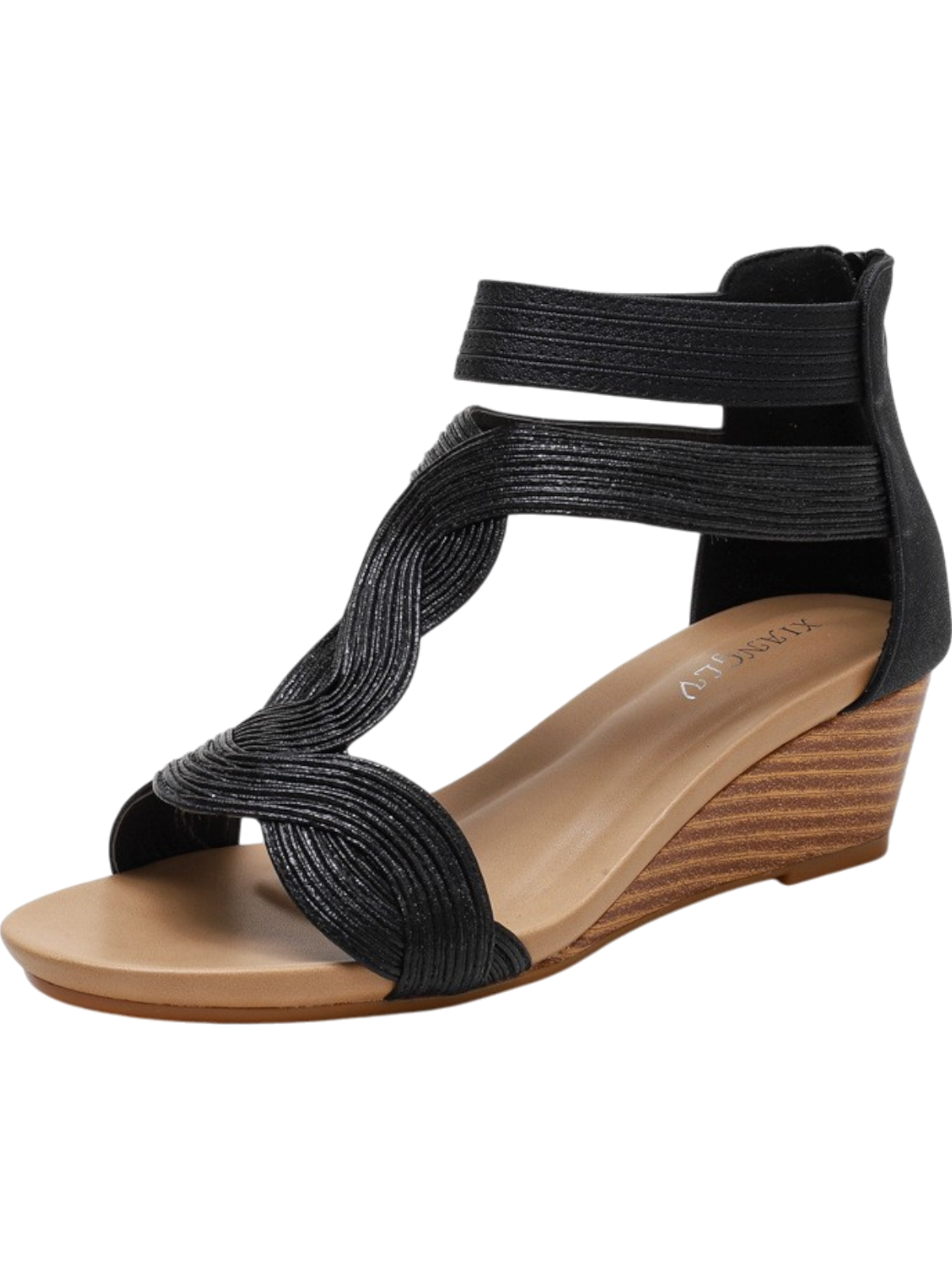 Sandales compensées femme – Talon moyen – Brides croisées tissées – Bout ouvert