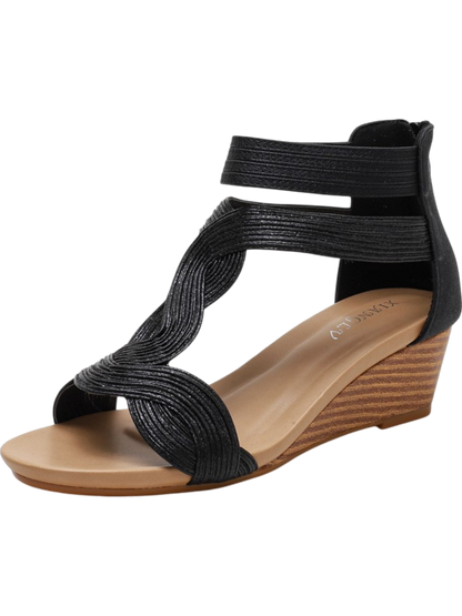 Sandales compensées femme – Talon moyen – Brides croisées tissées – Bout ouvert
