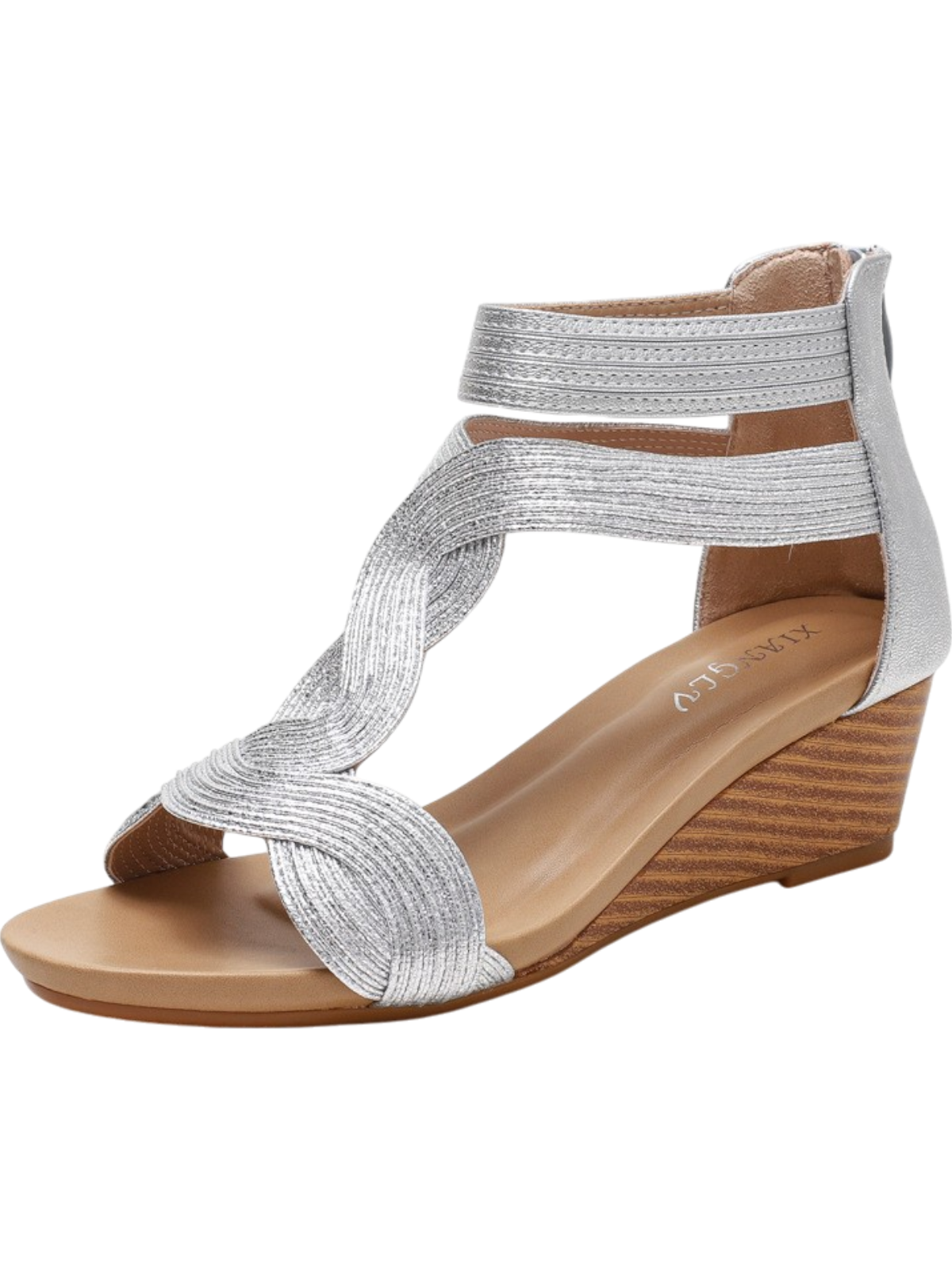 Sandales compensées femme – Talon moyen – Brides croisées tissées – Bout ouvert