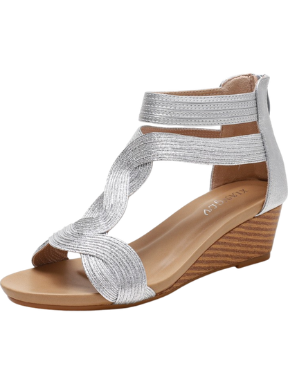 Sandales compensées femme – Talon moyen – Brides croisées tissées – Bout ouvert