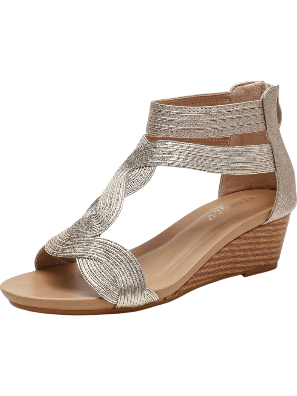 Sandales compensées femme – Talon moyen – Brides croisées tissées – Bout ouvert