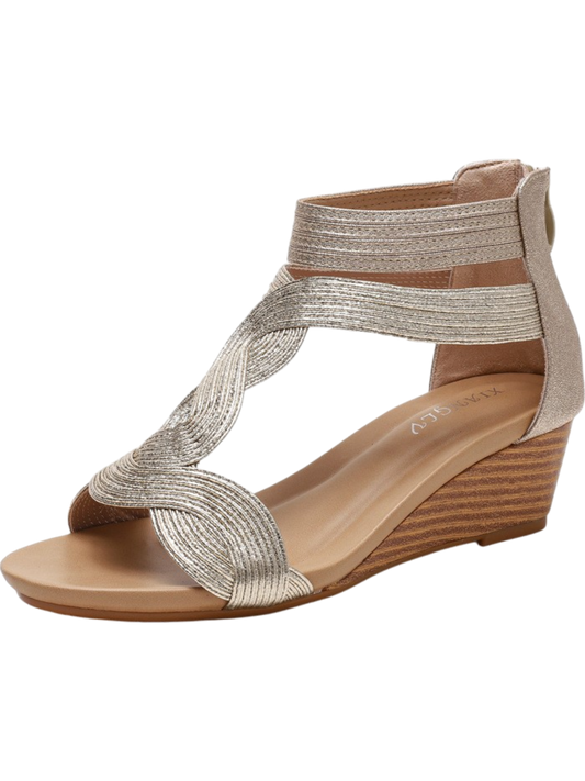 Sandales compensées femme – Talon moyen – Brides croisées tissées – Bout ouvert