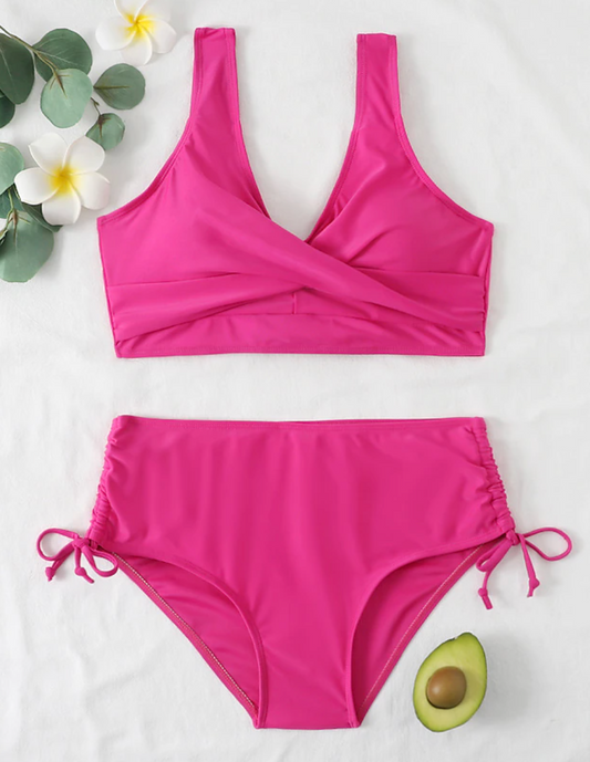Maillot de bain femme deux pièces – Haut croisé – Bas noué réglable – Tissu extensible