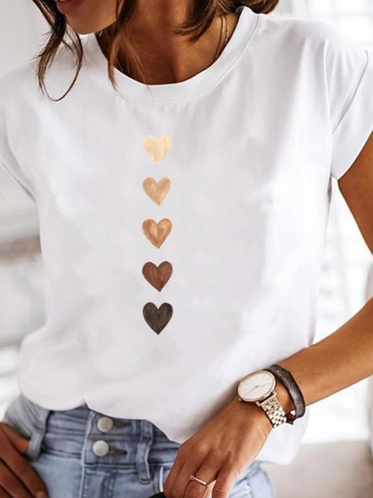 T-shirt femme – Coupe décontractée – Maille douce – Col rond – Motif cœurs