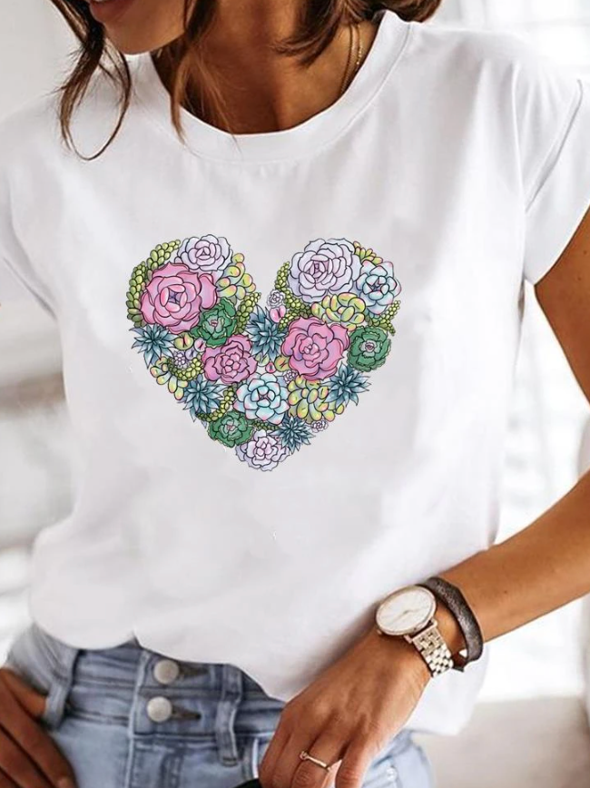 T-shirt femme – Coupe décontractée – Maille douce – Col rond – Motif cœurs