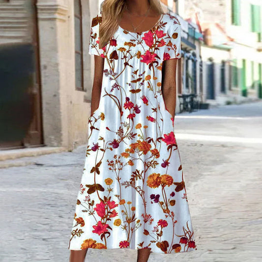 Robe midi femme – Coupe évasée – Tissu respirant – Imprimé fleuri – Manches courtes – Poches