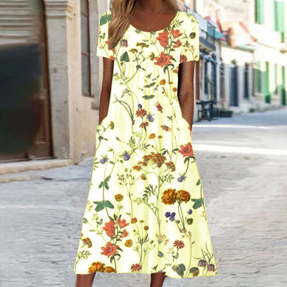 Robe midi femme – Coupe évasée – Tissu respirant – Imprimé fleuri – Manches courtes – Poches