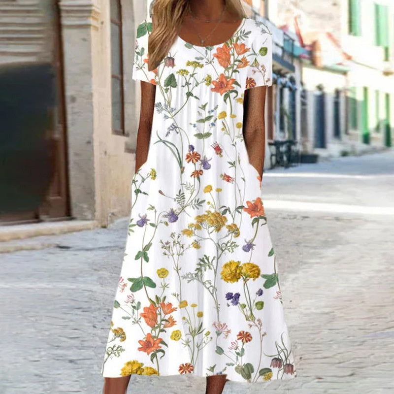 Robe midi femme – Coupe évasée – Tissu respirant – Imprimé fleuri – Manches courtes – Poches