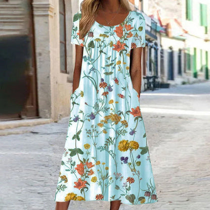 Robe midi femme – Coupe évasée – Tissu respirant – Imprimé fleuri – Manches courtes – Poches