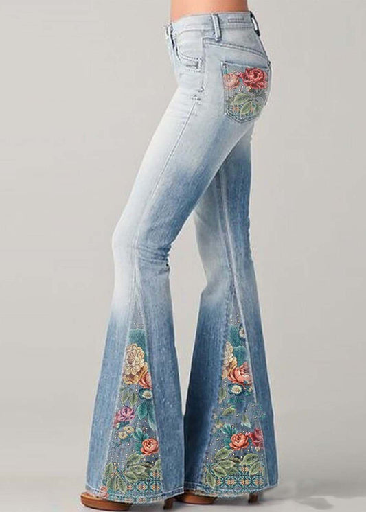 Jean femme – Taille haute – Coupe évasée – Broderie florale bohème – Longueur totale